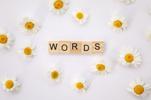 A flat lay image featuring the text words in wooden letters on a white background surrounded by daisies