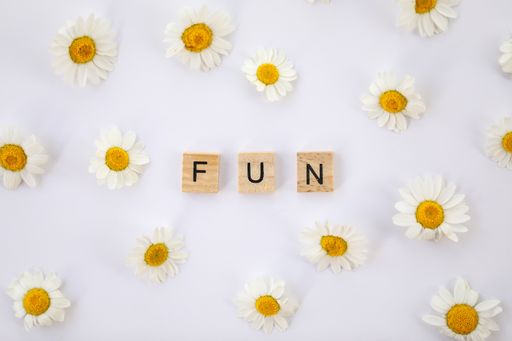 The word "Fun" isolated on a white background surrounded by little Chamomile flowers