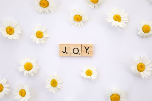 A flat lay image featuring the text joy in wooden letters on a white background surrounded by daisies