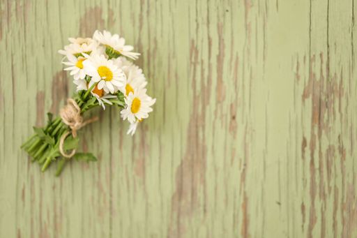 A closeup shot of a composition of beautiful daisy flowers on a wooden surface