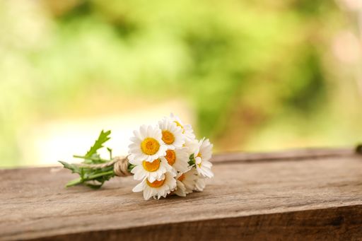 A closeup shot of a bunch of white daisies tied with brown string on a wooden surface with green bokeh background