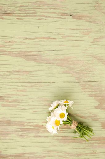 A closeup shot of a bunch of daisy flowers on a wooden surface