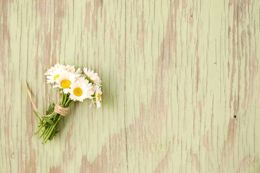 A closeup shot of a composition of beautiful daisy flowers on a wooden surface