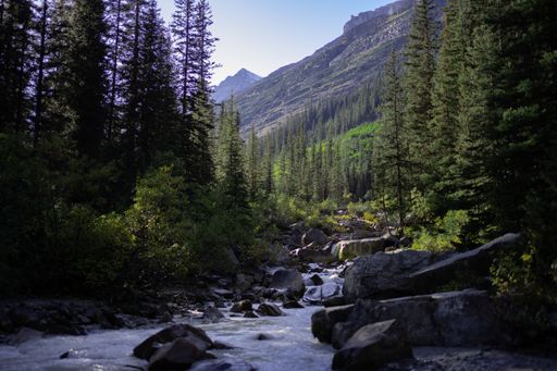 A beautiful view of a river flowing between tree-covered mountains under a cloudy blue sky