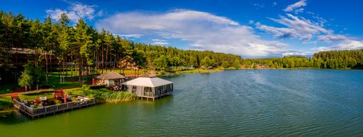 A panoramic shot of houses on a lake surrounded by greens near the Walchwil village in Switzerland