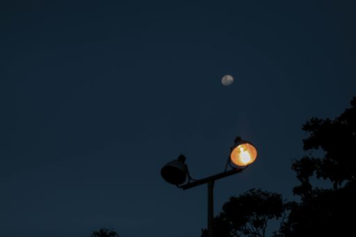 a low-angle shot of a street lamp and the moon in the sky