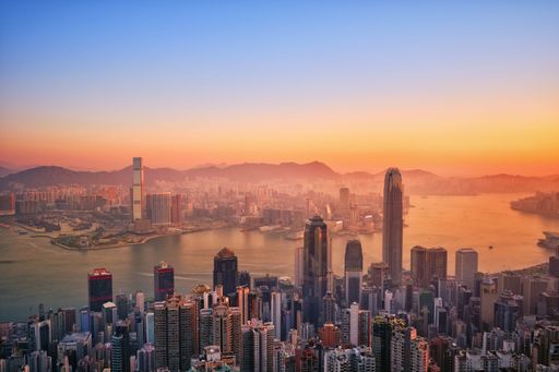 An aerial scenic view of Lugard Road's high skyscrapers in Hong Kong