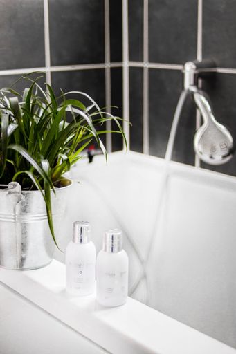 A vertical shot of a bathroom with a luxurious interior