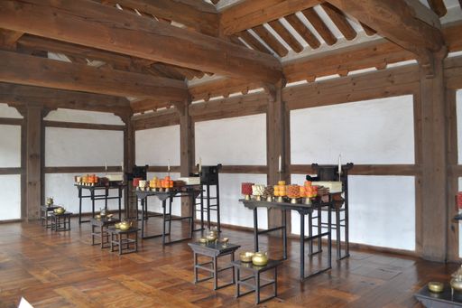 A food display for traditional ceremony in a Korean house at Namsangol Hanok Village, Seoul, South Korea.