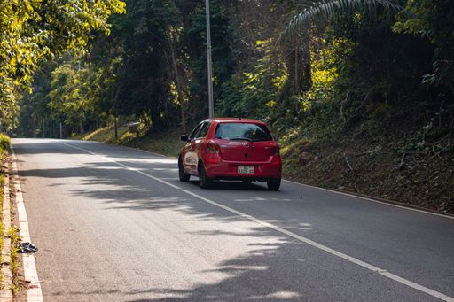 A red Toyota Vitz driving along the road surrounded by the trees
