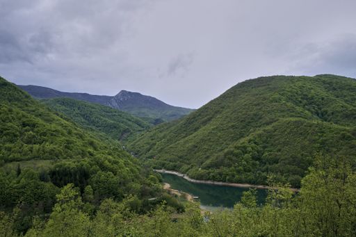 A river surrounded by mountains covered in forests under a cloudy sky