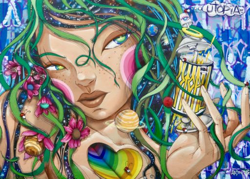 The colorful detailed graffiti art by artist Utopia in Lisbon, Portugal.