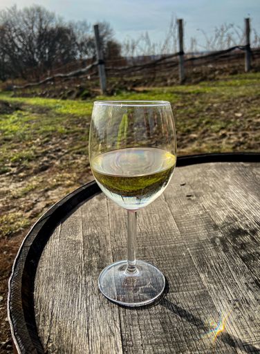 A vertical shot of a glass of white wine on a wooden outdoor table