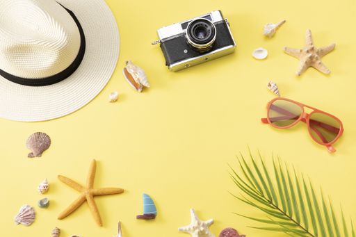 A top view of a camera, sunglasses and a hat next to plants and seashells on a yellow background