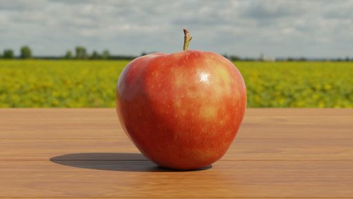 A selective focus panoramic shot of a whole red fresh apple on a wooden table with a nature background