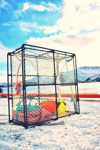 A vertical shot of a crab cage and equipment placed on the snow