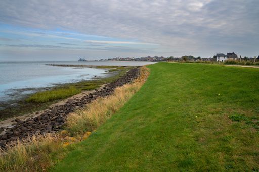 A panoramic shot of the coastal grassy landscape under a cloudy sky in Amrum, North Sea, Germany