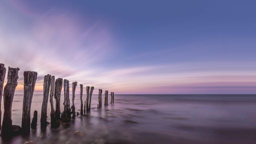 A breathtaking scenery of wooden sticks in the middle of the ocean under the colorful sky