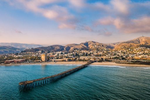 Scenic view of Ventura beach across the water on a sunny day, California, USA
