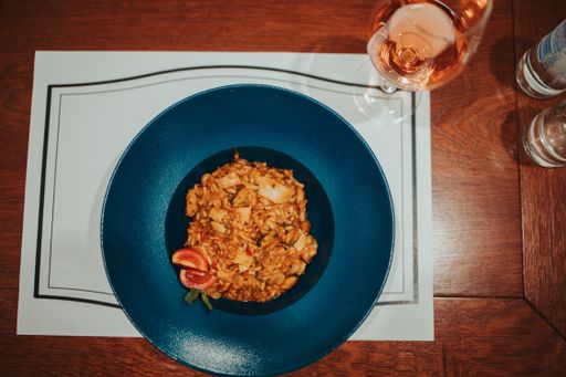 A high angle shot of a tasty looking dish in the restaurant