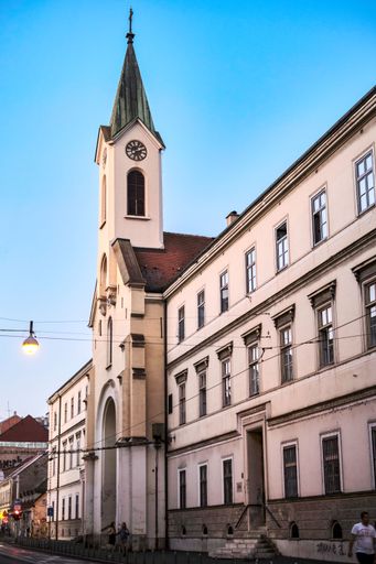 A vertical shot of the historic Church of St. Vincent de Paul in Zagreb, Croatia