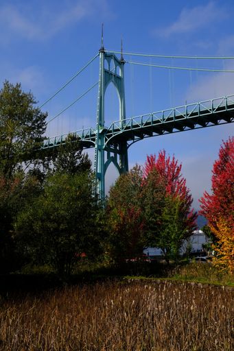 A vertical low angle shot of the famous St. Johns Bridge in  Portland, Oregon