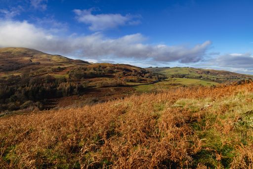 The beautiful landscape view of hills in the Lake District from the top of Gowbarrow, UK