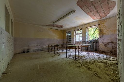 A Dilapidated classroom in an abandoned children's home