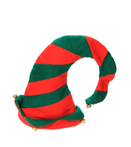 A green red striped elf hat isolated on a white background