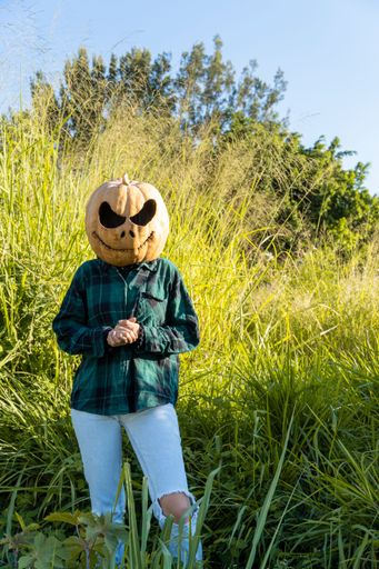 The vertical shot of a pumpkin-headed Halloween character standing in the greenery