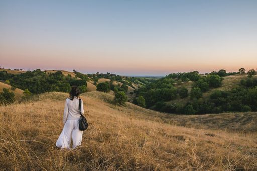 A female in a white dress admiring the horizon while standing in on the dry grass in the mountains