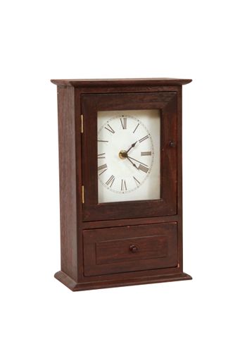 A vertical shot of an antique clock on a white background