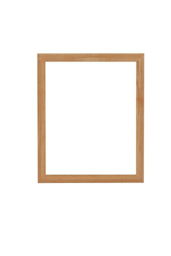 A vertical top view shot of an empty picture frame on a white surface