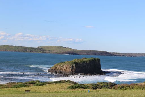 A grassland near the sea with rocky cliff, and mountain in the background on a sunny day