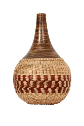 A vertical shot of decorative clay vase isolated on white background