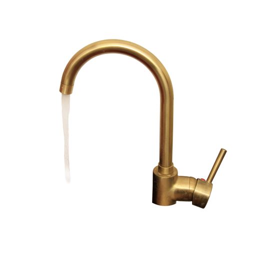 A kitchen faucet with flowing water isolated on white background