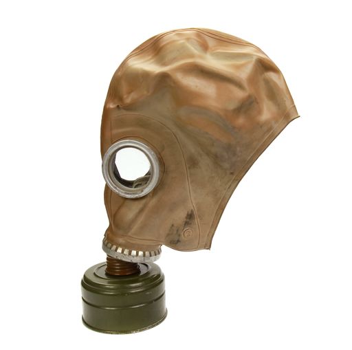 A vertical shot of a gas mask on a white background