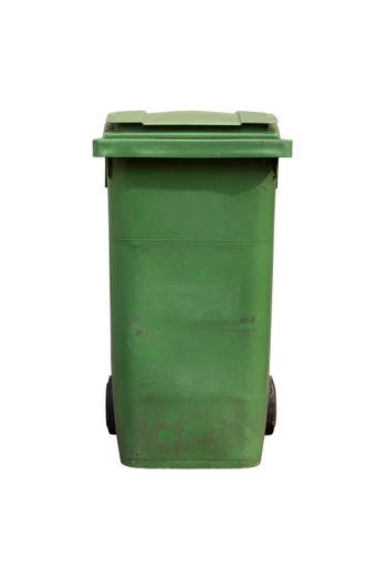 A green trash can isolated on a white background