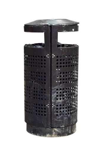 A vertical shot of a dirty metal trash can isolated on a white background