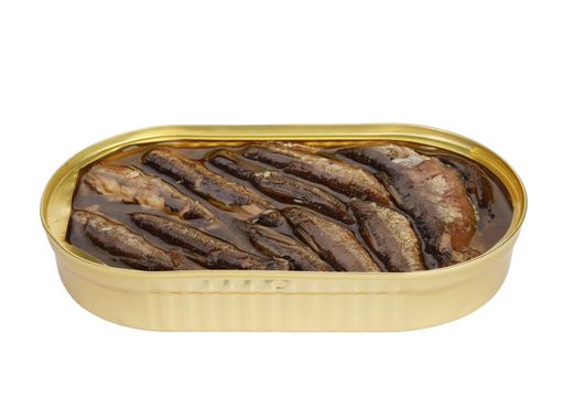 A closeup shot of sprats isolated on a white background