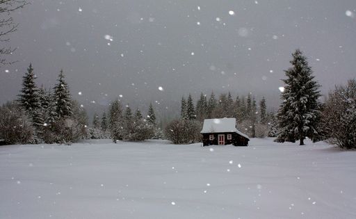 A snowfall over a wooden rural small building in a winter snow-covered forested landscape
