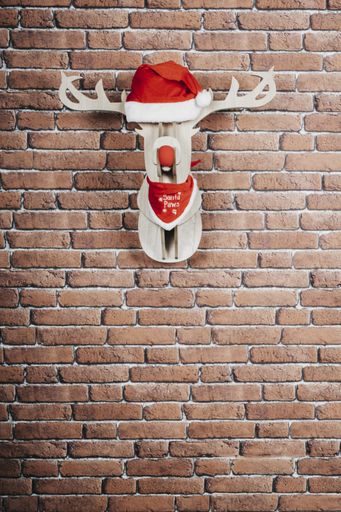 A vertical shot of a deer hanging on the wall with a Santa Claus cap and red necklace