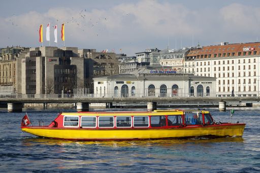 City trip in Geneva during the winter. Picture shows sight seeing boat in foreground and buildings in background.