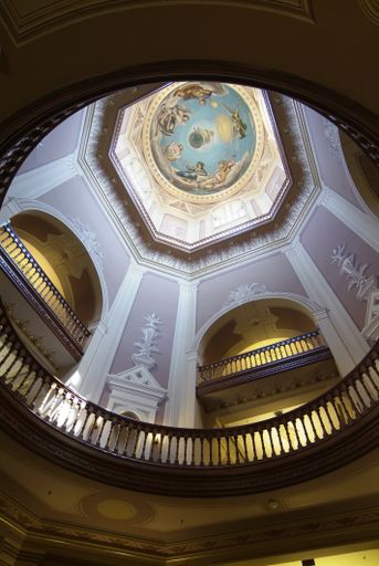Interior view looking up at the gold dome of the Administration Building at Nore Dame University in South Bend, Indiana.