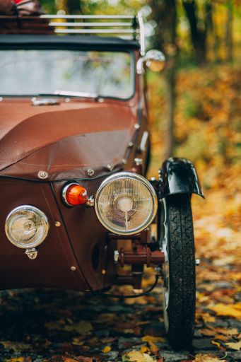 A vertical selective focus shot of a vintage car in an autumn park