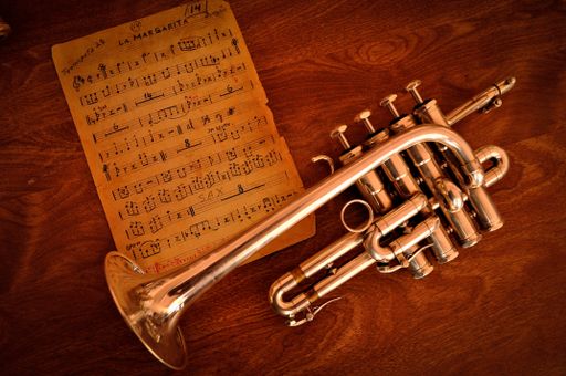 A closeup shot of old notes and a trumpet on wooden background