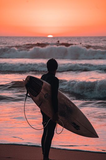 A vertical shot of a person standing on the beach holding a surfing board at sunset