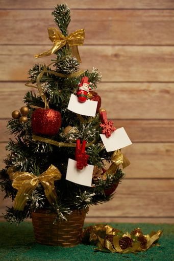 A vertical selective focus shot of a small decorated Christmas tree