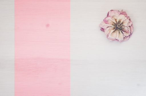 An overhead shot of a dried rose flower on a wooden surface with space for your text