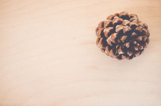 An overhead shot of a pinecone on a wooden surface with space for your text